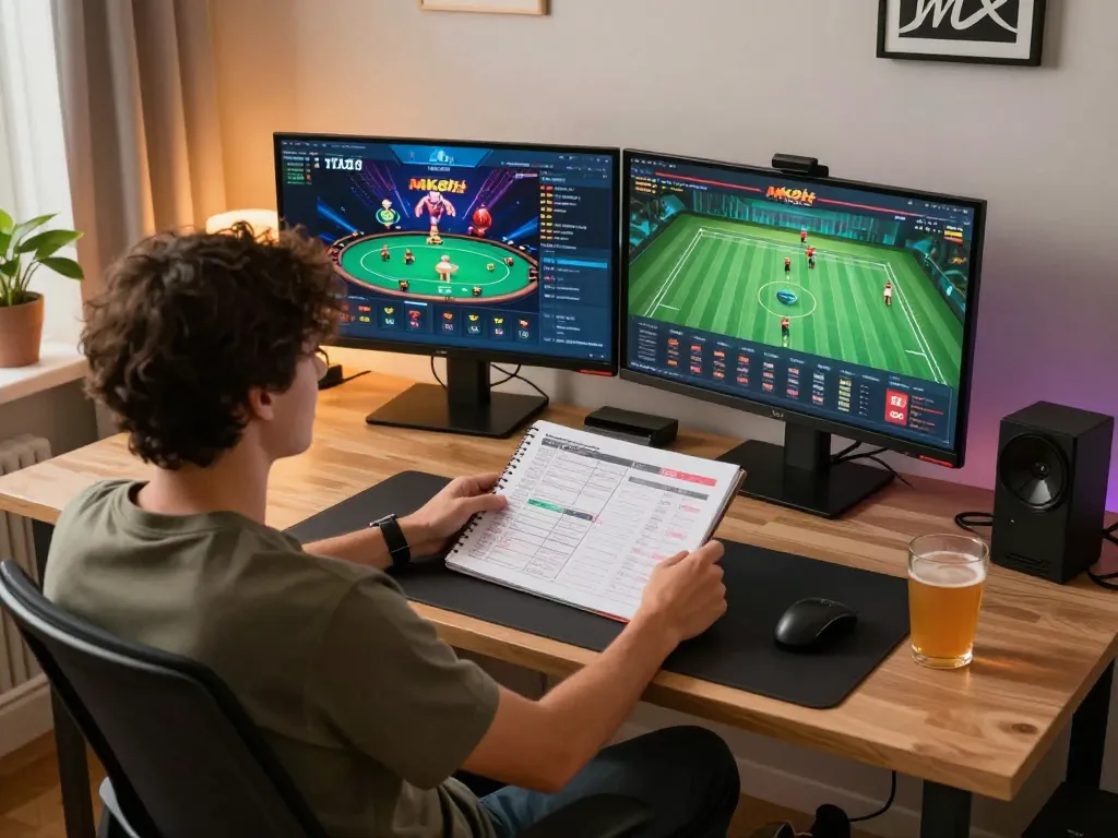 Engaged player using MK8th app for online betting, showcasing strategic gaming setup in a cozy home.
