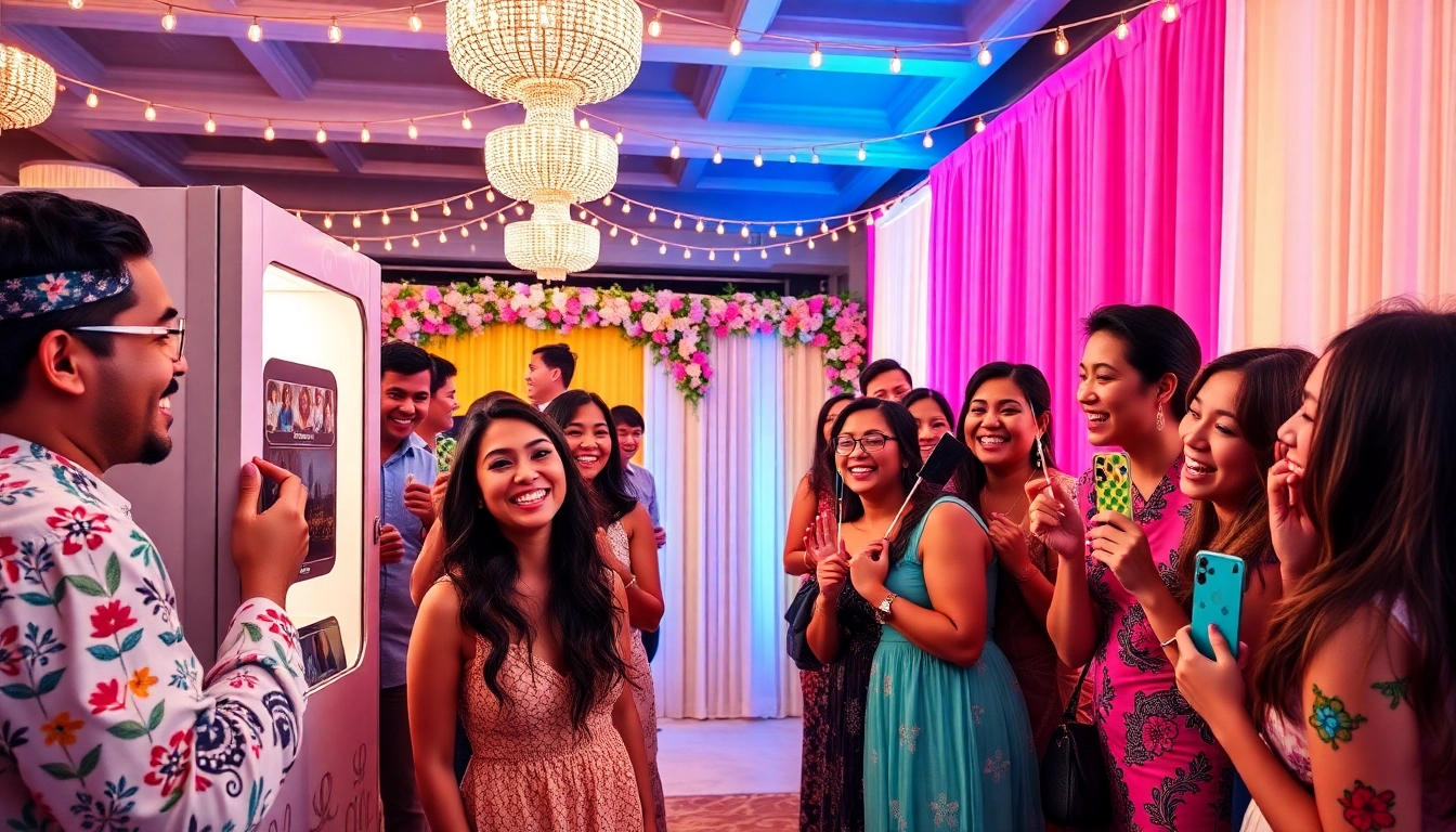 Capture the joy of a photo booth rental at a wedding with colorful decorations and happy guests.