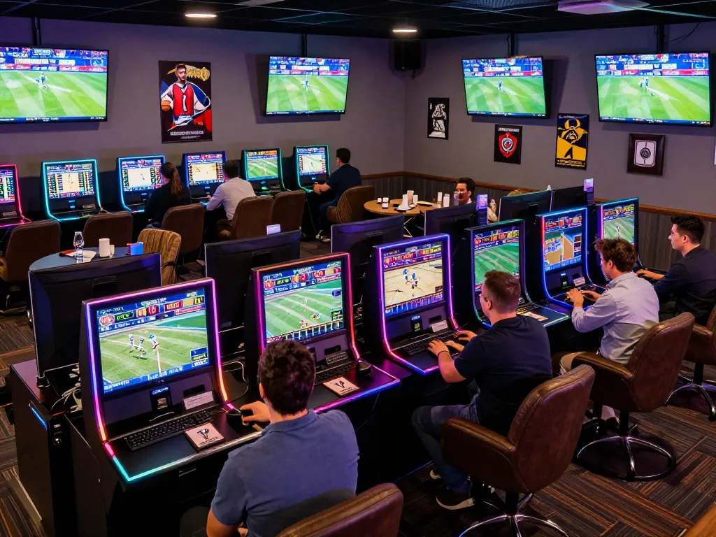 F168 bettors intensely engaging with sports events on multiple screens in an energetic lounge