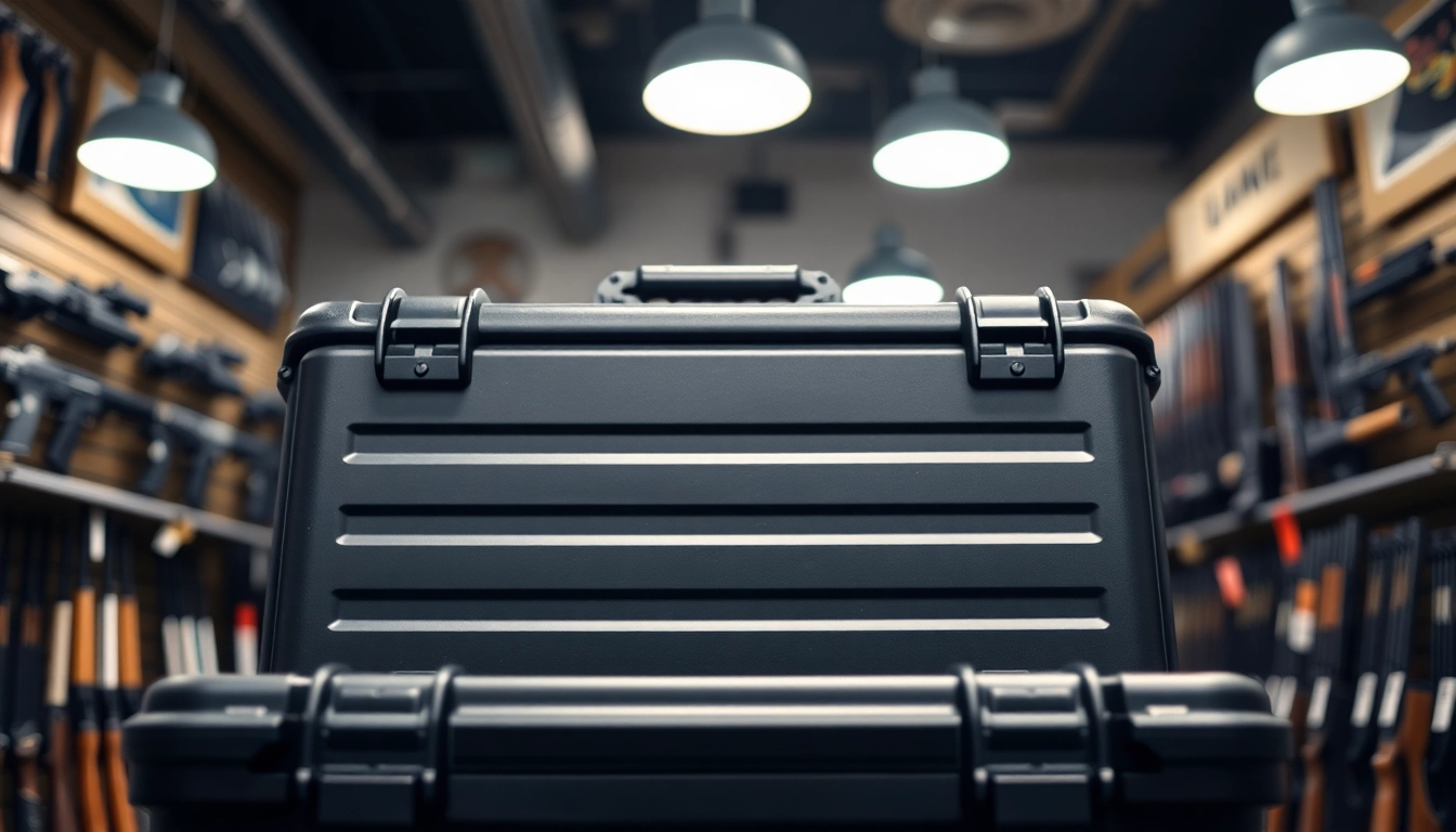 View the pelican gun case for sale prominently showcased in a gun shop.