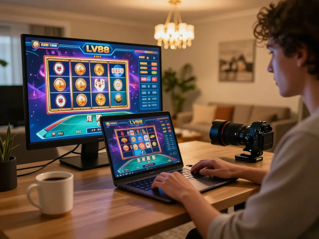 Player engaging with LV88's online casino interface on laptop in a cozy home setting