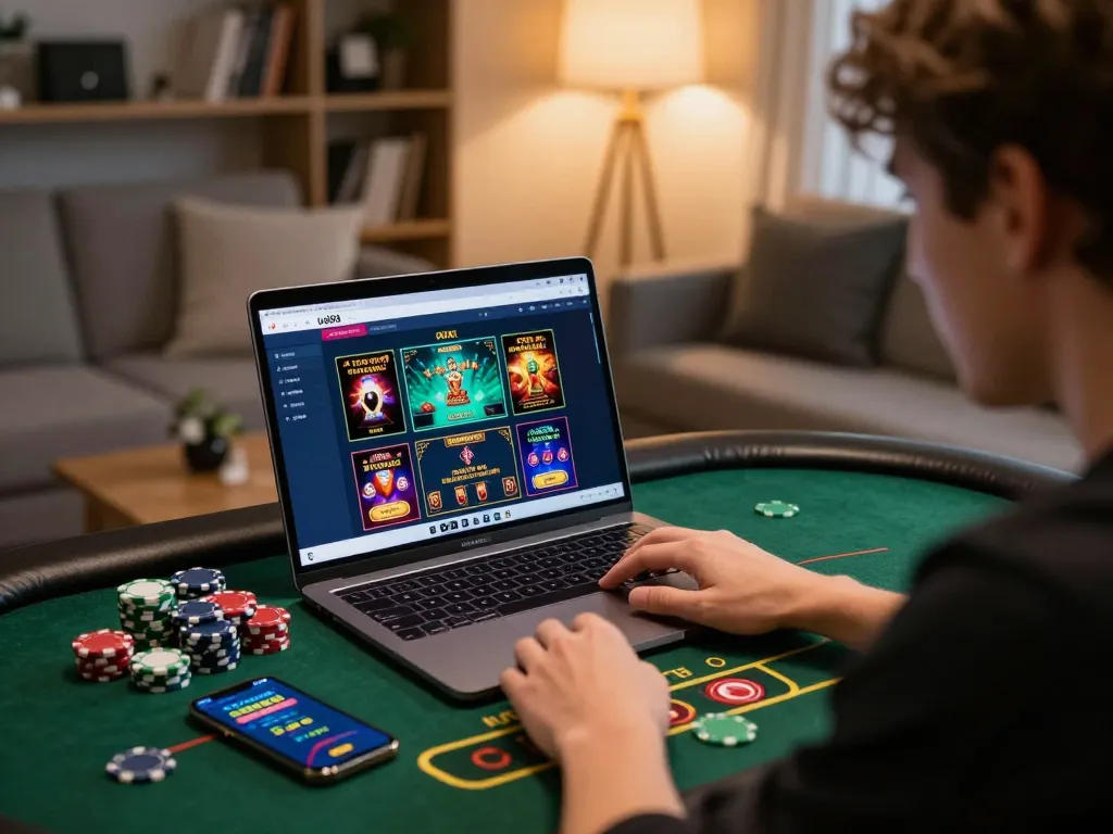 Online gambler immersed in uu88 gaming experience with laptop and chips, showcasing strategy.