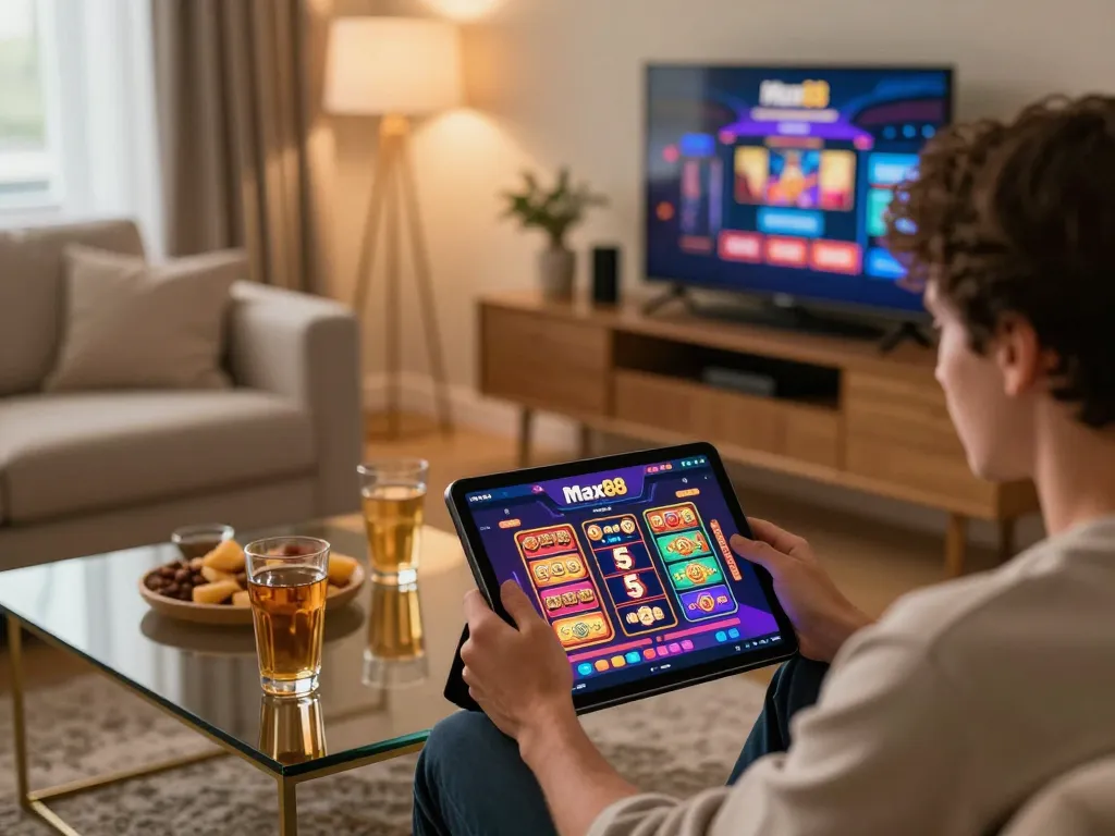 Engaging with Max88 app on a tablet, showcasing vibrant casino games in a cozy home.