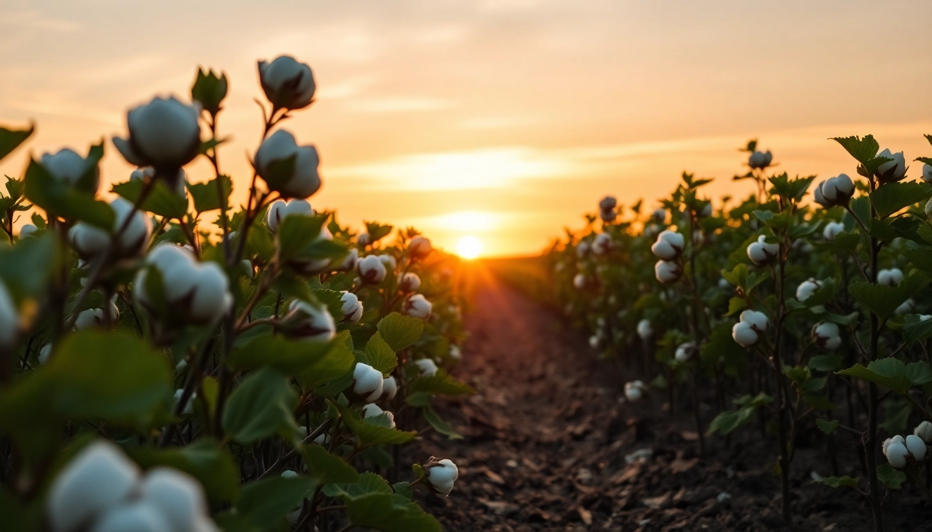 Katoenplanten met mooie bollen in een zonnige omgeving tijdens de gouden uurtjes.