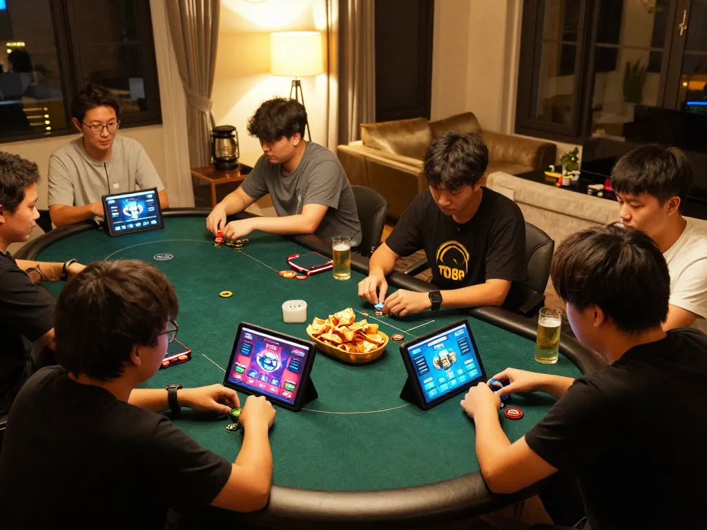 TG88 players enjoying online poker action in a cozy gaming setup with tablets and snacks.