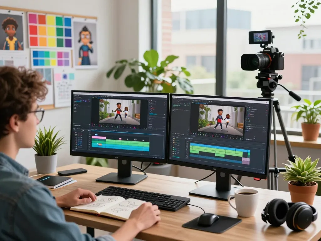 Video editing professional using mind control AI technology to create animated motion graphics in a vibrant workspace.