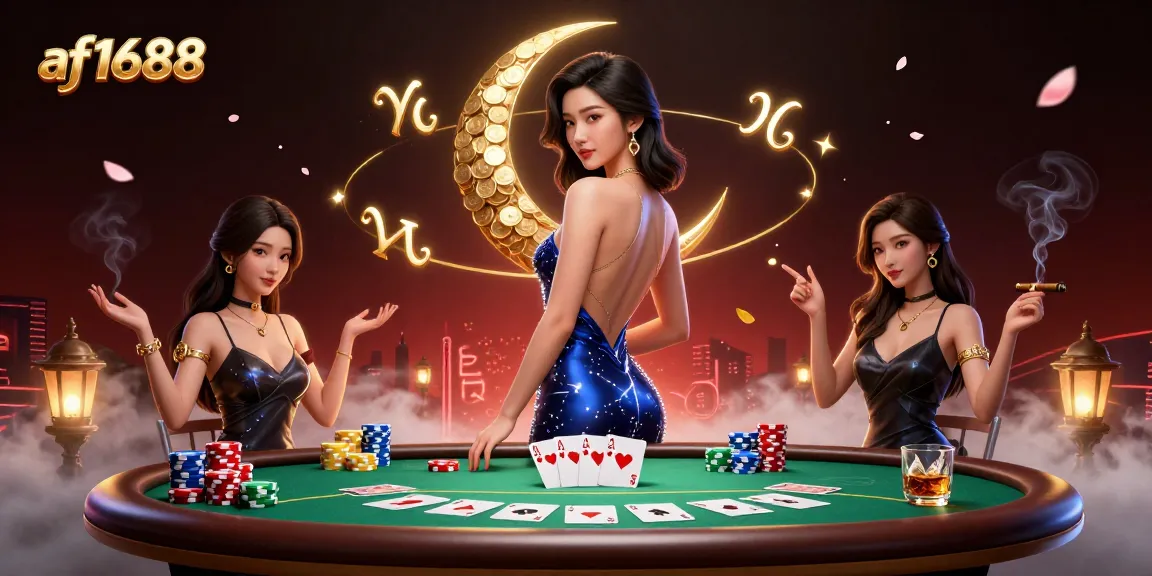 Engage in high-stakes poker action at af1688 featuring a stunning Asian dealer and vibrant casino elements.
