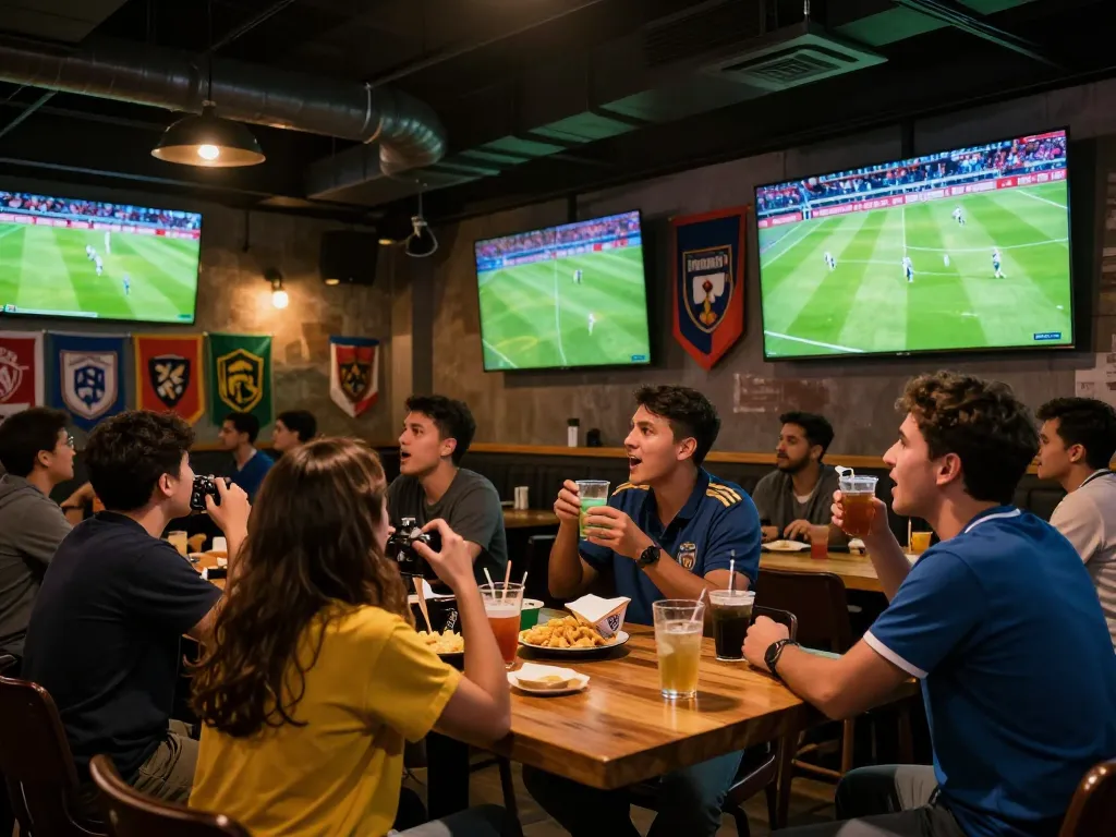 Excited fans at a sports bar enjoying Socolive TV xem bong da during a live soccer match.