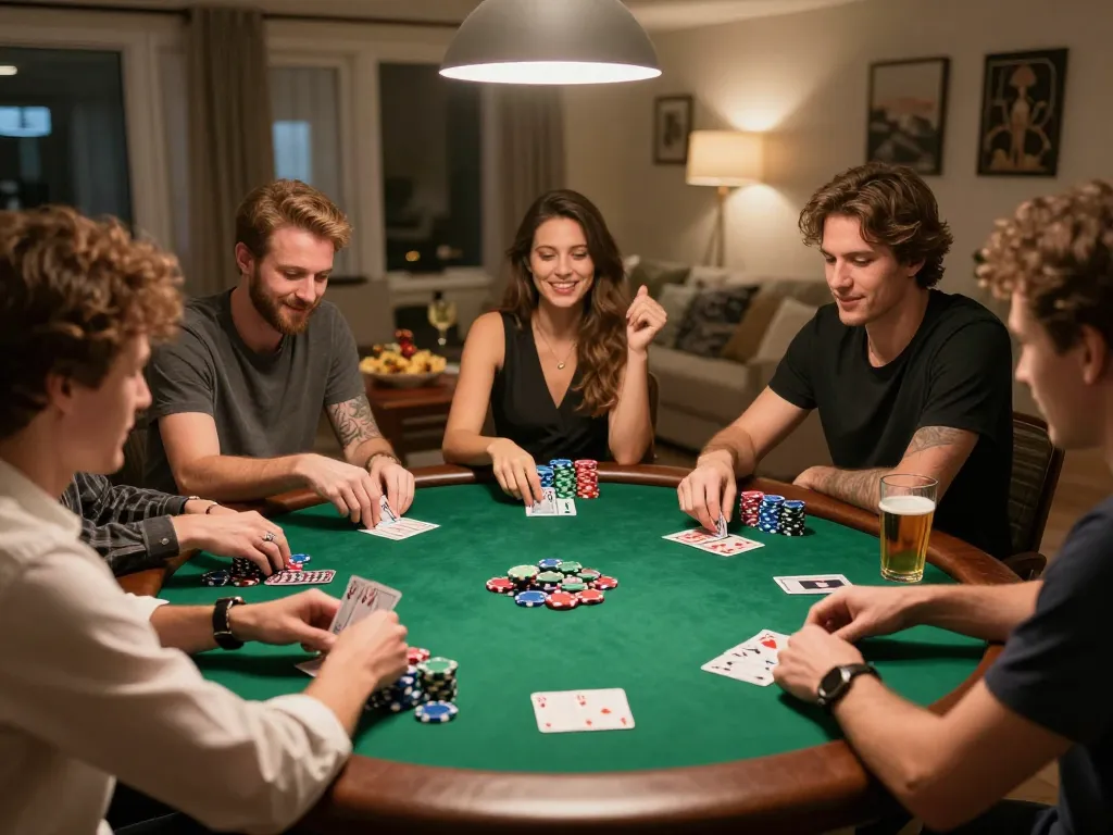 IDN poker Dominobet players enjoying a lively home game night with chips and drinks on the table.