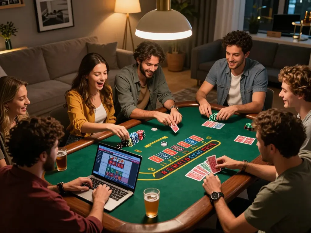 Friends enjoying an online casino session with blackjack gameplay on devices, highlighting itwshow for strategic insights.
