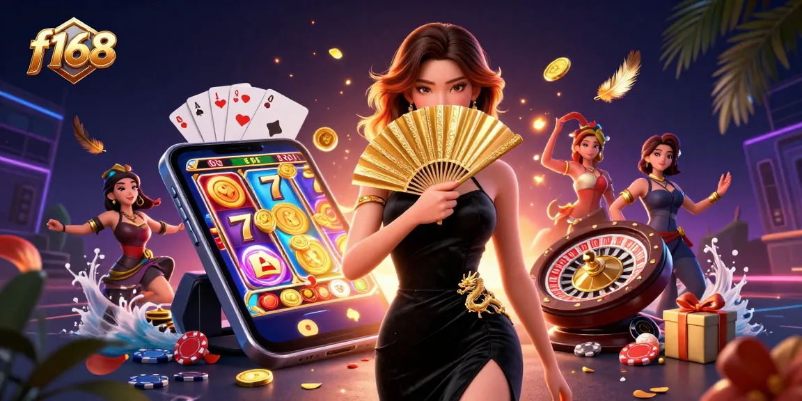 Experience thrilling f168 casino action with vibrant slots, games, and rewards surrounding an elegant woman.