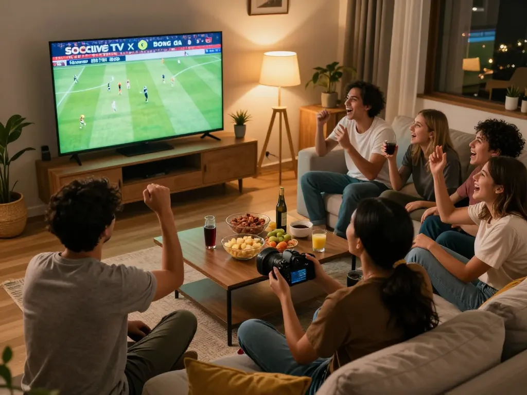 Socolive TV xem bong da featuring friends enjoying a live soccer match together in a cozy setting.