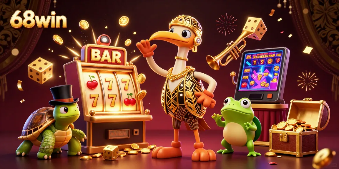 Experience exciting gaming with 68win's vibrant slot machine and characters in a dynamic casino scene.