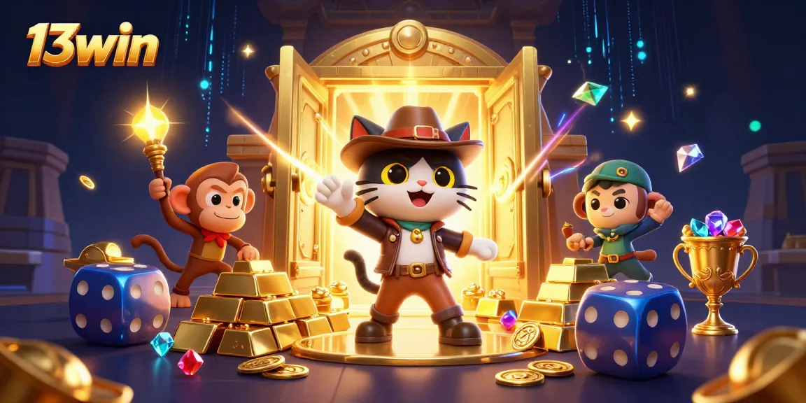 13win features a cat archaeologist uncovering golden casino treasures in a vibrant, dynamic scene.