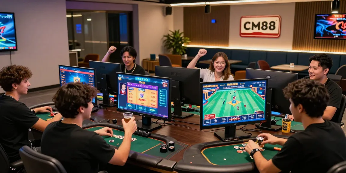 Interactive gaming experience at CM88 showcasing diverse players enjoying online games like poker and slots.