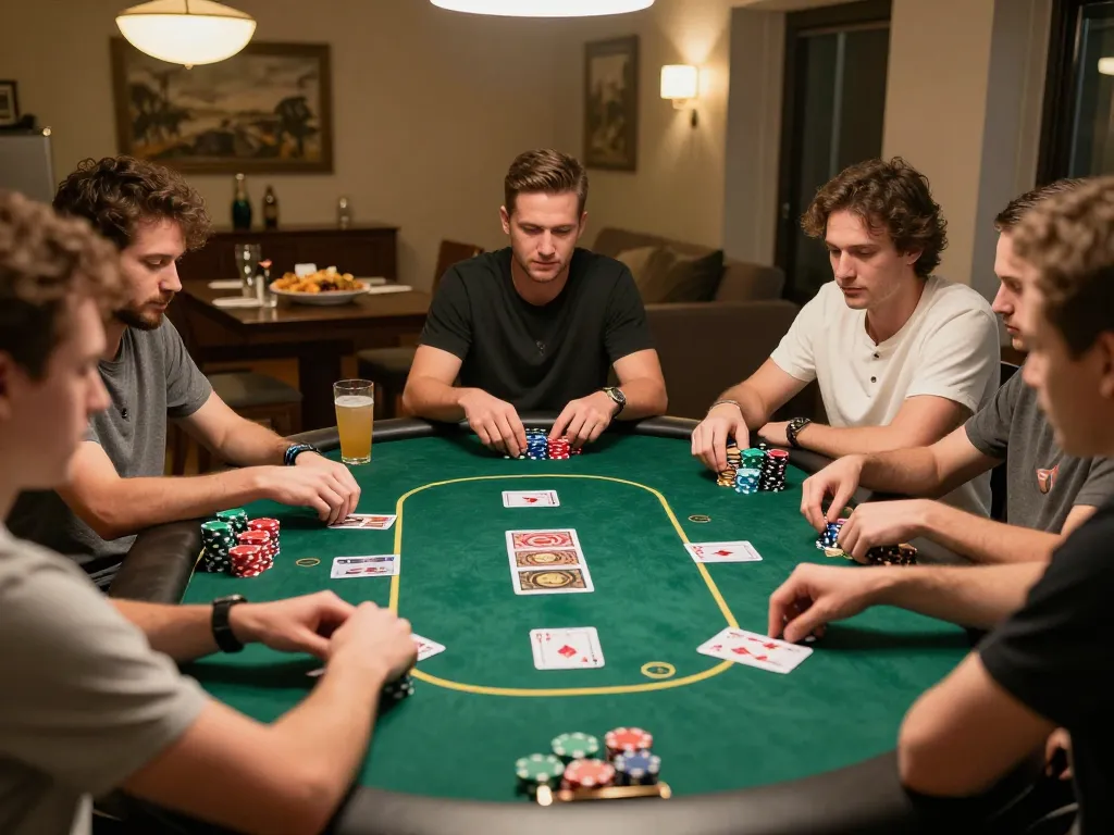 Players engaged in lively poker game at home, enjoying strategic moments and camaraderie with sunwintop bringing excitement to their night.