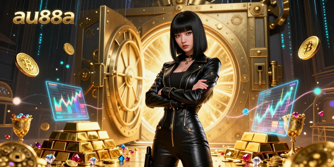 Bet on big wins with au88a's vibrant casino art featuring a powerful woman surrounded by gold and crypto elements.