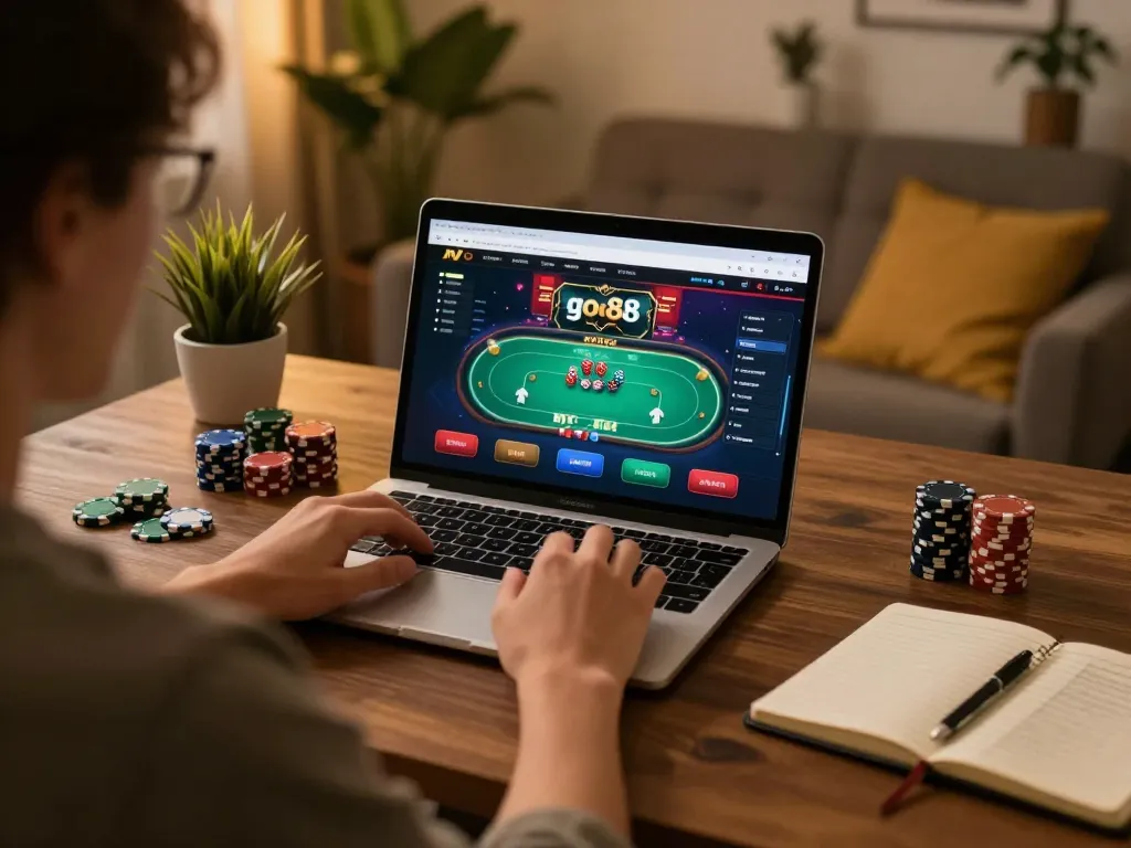Engaged player enjoying go88 online poker game on a modern laptop in a cozy setting, showcasing strategic gameplay.