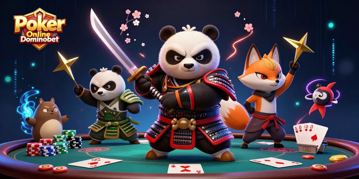 Engage in Poker Online Dominobet surrounded by action-packed 3D cartoon characters and vibrant casino elements.