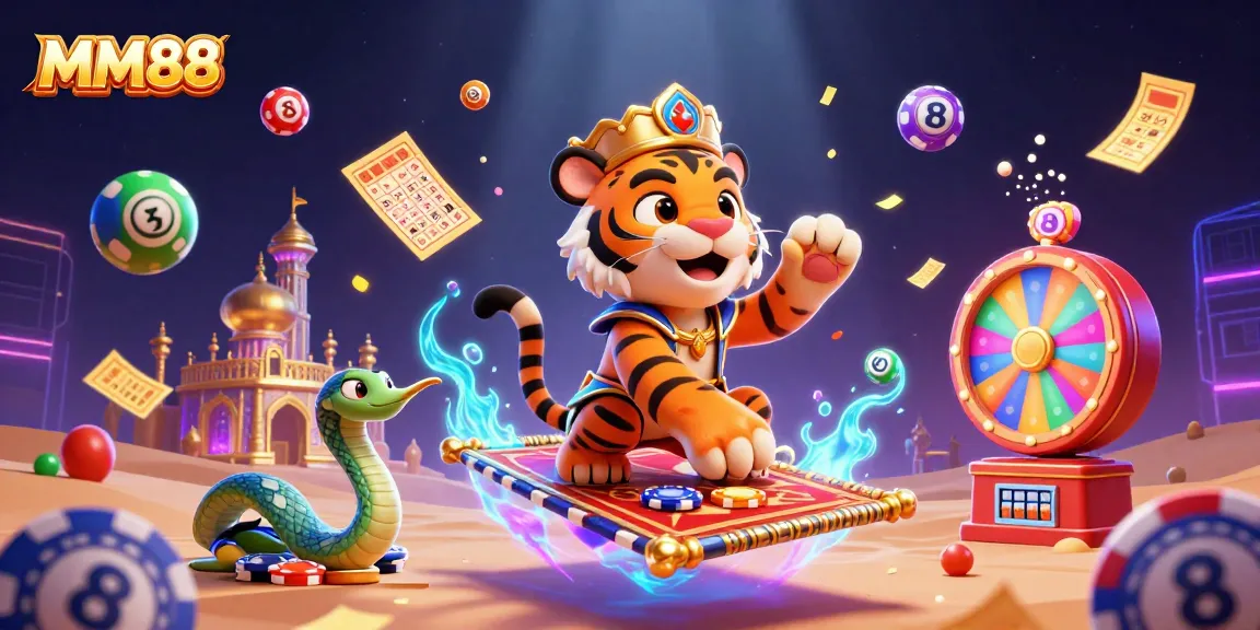 Engage with MM88 as colorful lottery balls and golden prizes burst around a magical sultan in an enchanting casino