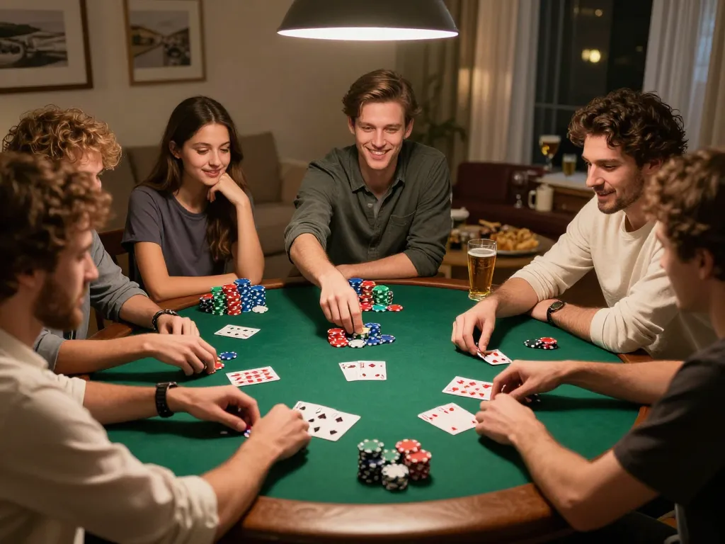 Friends engaged in a thrilling poker night at home, showcasing strategy and entertainment with ssbet77.