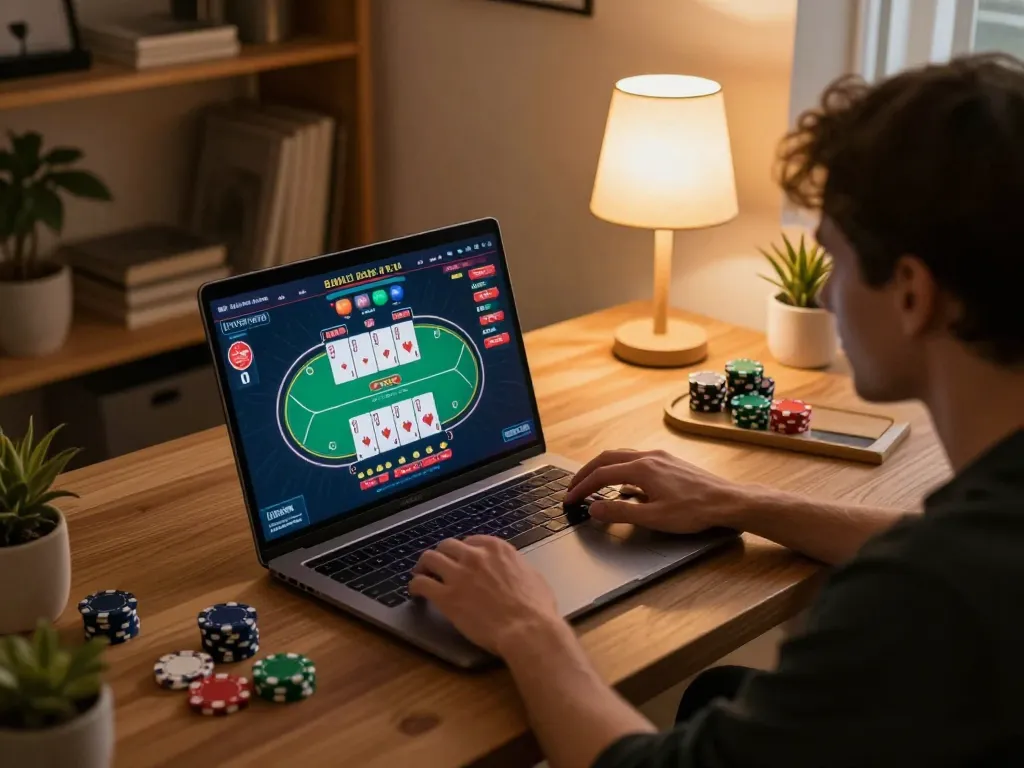Engaged player exploring Nk 88 online casino, showing dynamic poker interface with strategy notes
