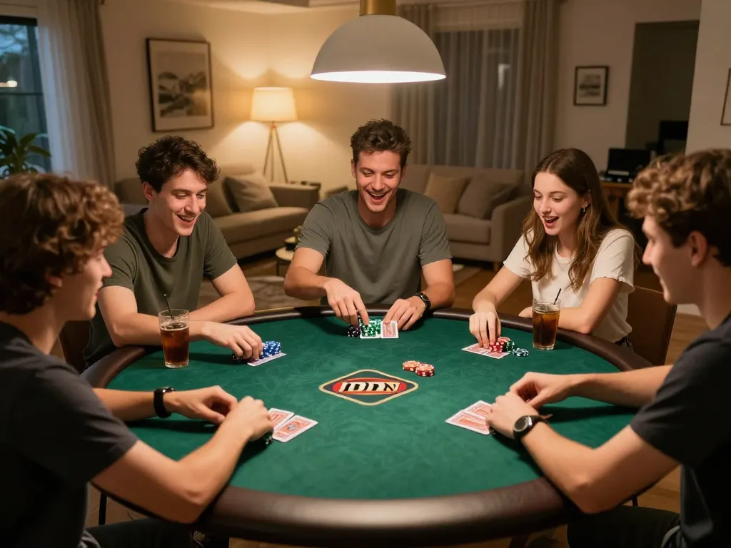 Exciting home poker night with friends playing Dominobet IDN Poker around a table, showcasing chips and cards.