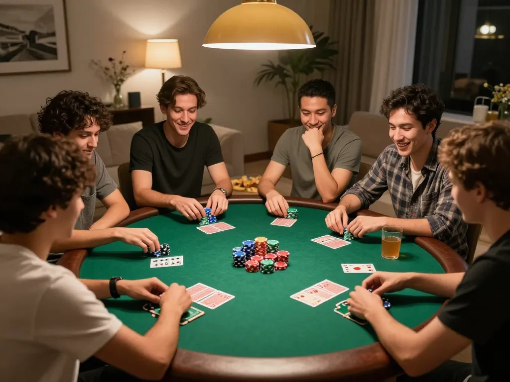 Friends enjoying a strategic poker night at home while playing 88xeng