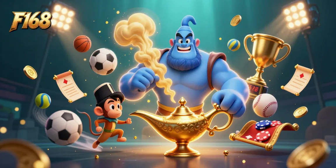 Experience thrilling F168 gaming with sports-themed elements, including a genie, monkey, and poker chips.