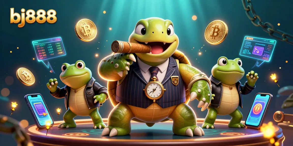 Engage in thrilling gameplay at bj888, where a snapping turtle and bullfrog enforcers come alive in a vibrant casino scene.
