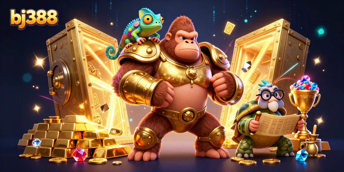 Experience the excitement of bj388 as the powerful gorilla king claims his golden treasure in a vibrant casino world.
