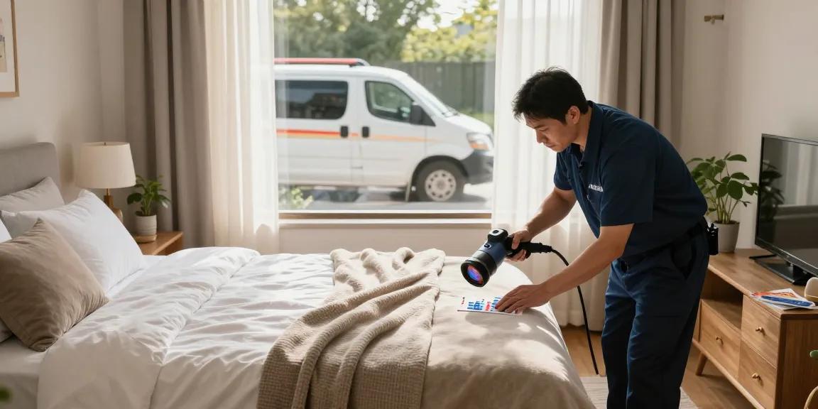 Expert bed bug heat treatment in a cozy bedroom with pest control professional using thermal imaging.