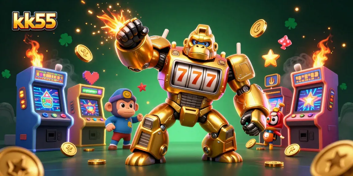 Engage in thrilling gaming experiences with kk55’s vibrant and rich 3D casino illustration featuring a golden mech.