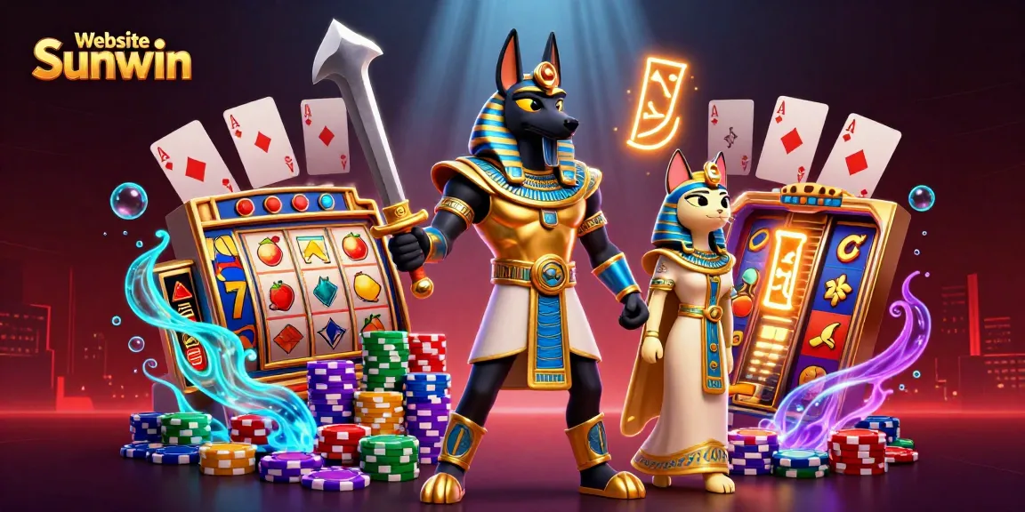 Experience thrilling slots and jackpots at Website Sunwin with Anubis and Bastet in a vibrant casino scene.