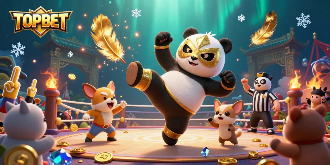 TOPBET engages players with an exciting 3D scene showcasing a wrestling panda and thrilling betting tokens.