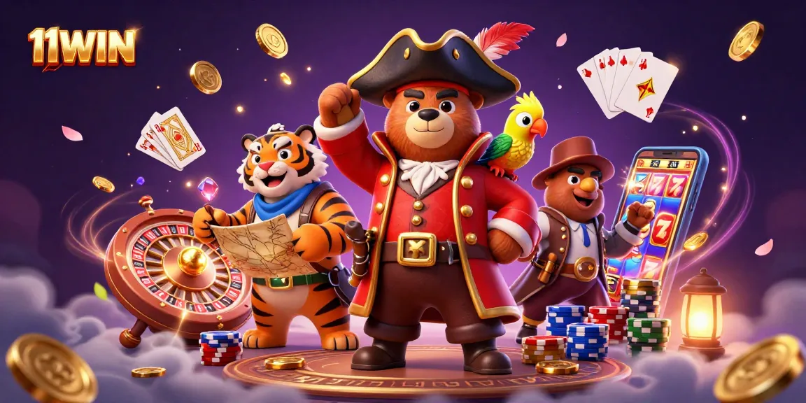 Win big with 11WIN's exciting casino games and vibrant 3D illustration featuring energetic characters.