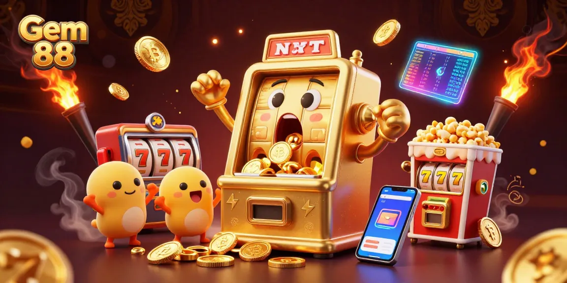 Gem 88 lets you experience thrilling slot jackpots as the golden machine hits big amidst swirling coins and cheers.