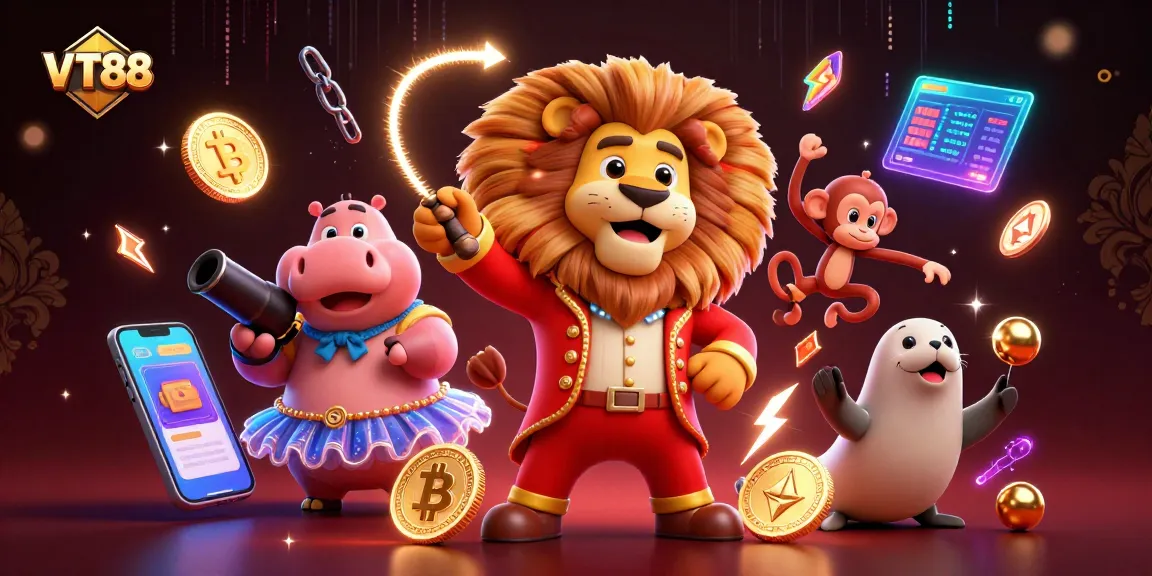 Engage with VT88's colorful circus-themed crypto casino featuring vibrant characters and digital gaming elements.