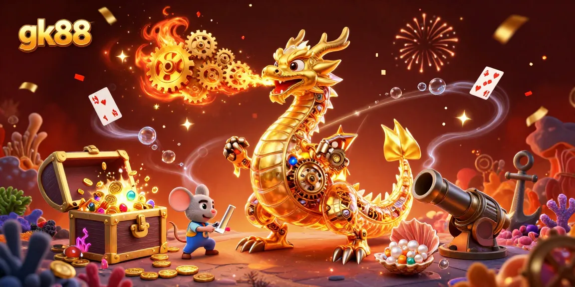 Engage with gk88's vibrant casino scene featuring a golden dragon and treasures!