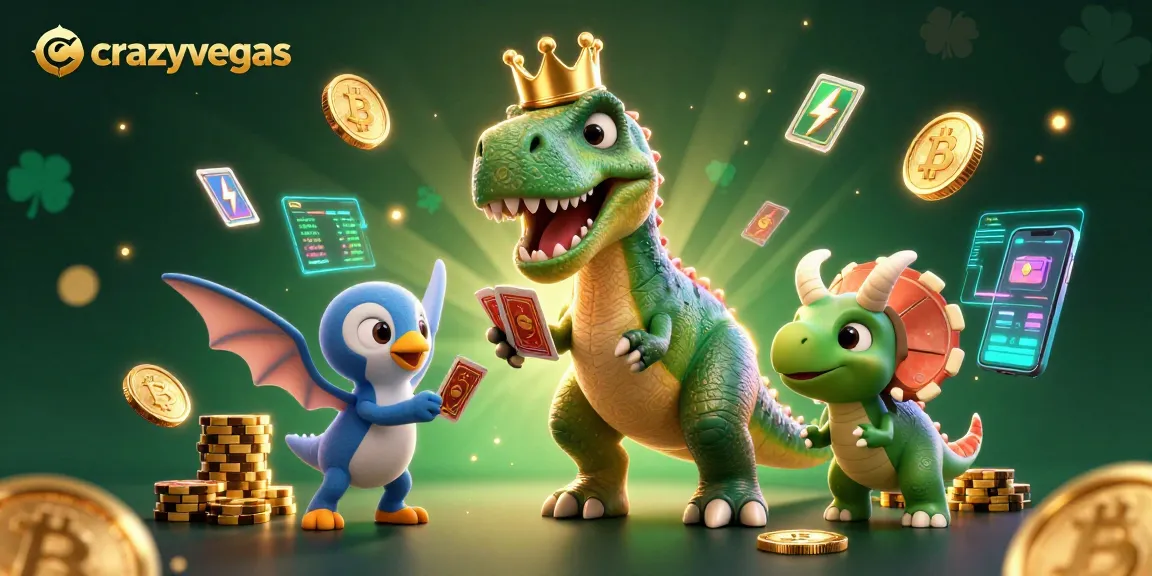 Engage at crazyvegas with a T-Rex shuffling cards, surrounded by vibrant casino elements.