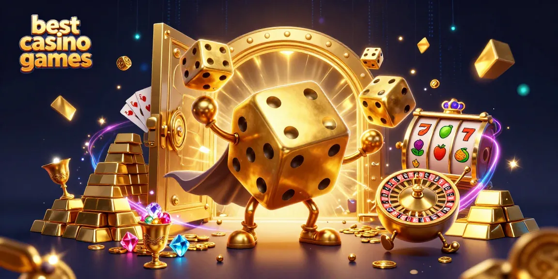 Engaging illustration showcasing the best casino games with golden dice, treasures, and slot elements.