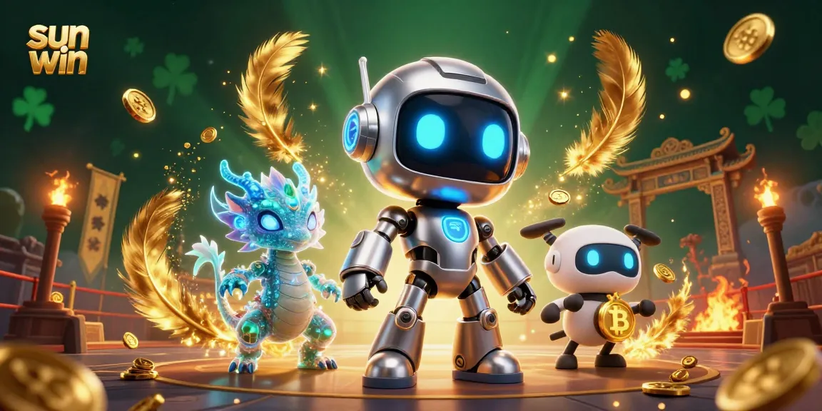 Immerse in the sun win experience with a vibrant 3D casino illustration showcasing a cyberpunk robot, dragon, and bitcoin.