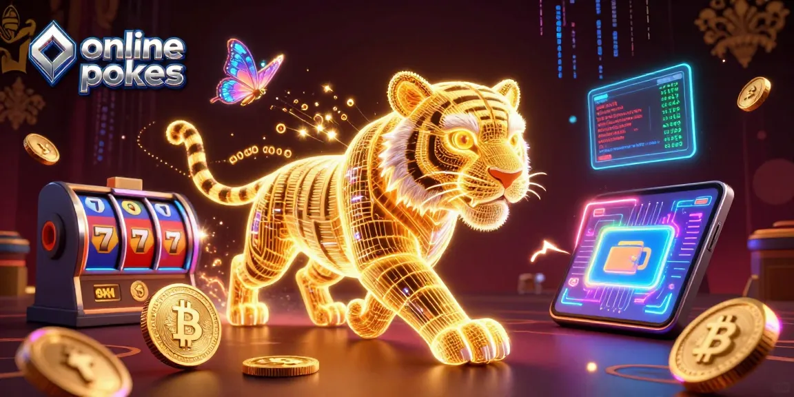 Play online pokies with neon-lit tiger, vibrant slot reels, and crypto elements in a digital casino.