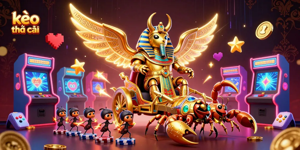 Engage with kèo nhà cái as a colossal golden scarab beetle brings the excitement of sports betting alive in this vibrant scene.